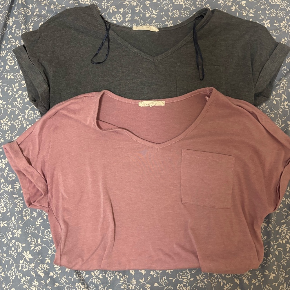 Women's V-Neck Tops - Gray and Pink